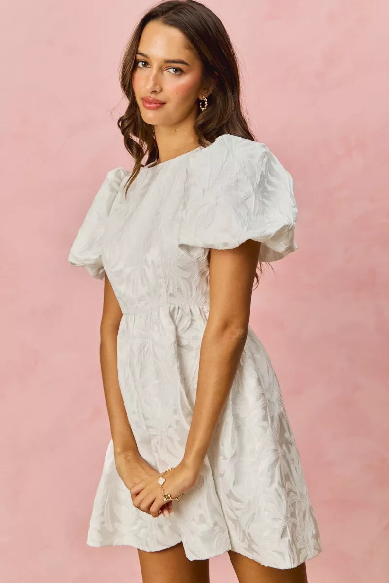 SO ME Floral Jacquard Bubble Shorts Sleeves Mini Dress