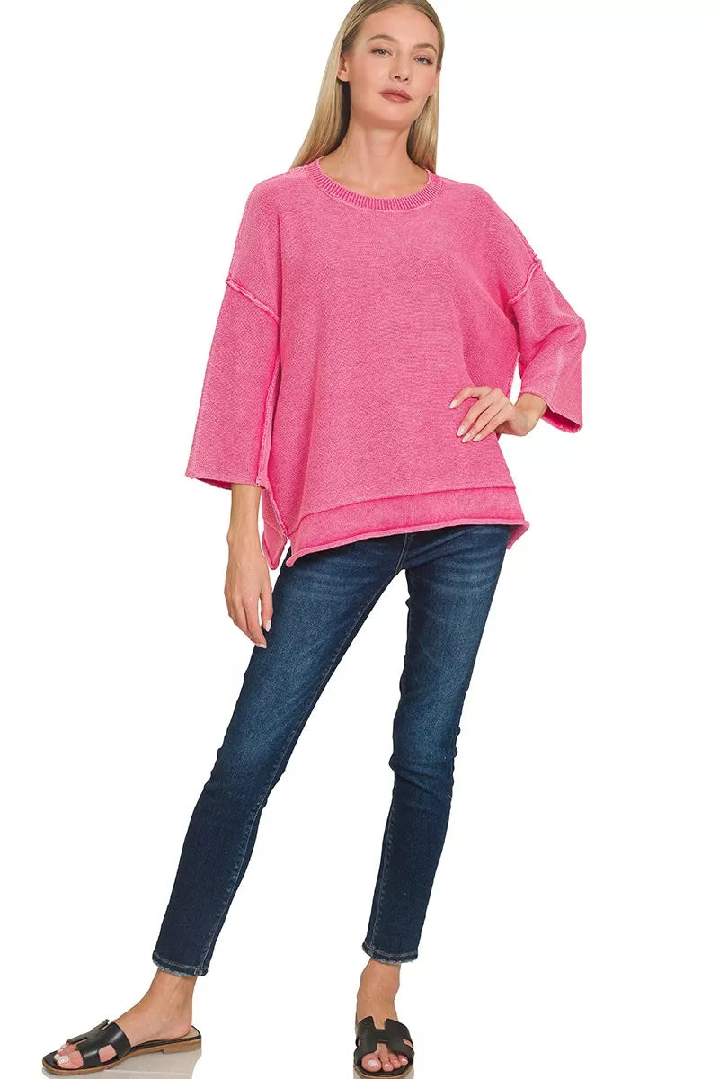 Washed 3/4 Sleeve Boxy Sweater