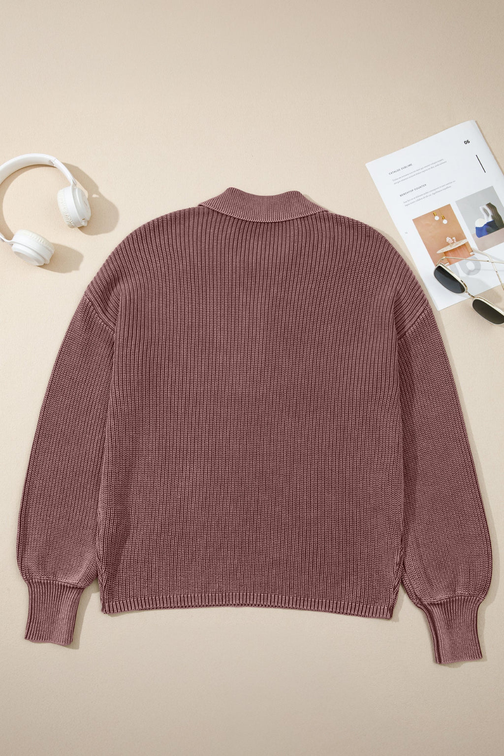 Dark Brown Mineral Washed Knit Button Polo Collar Loose Sweater