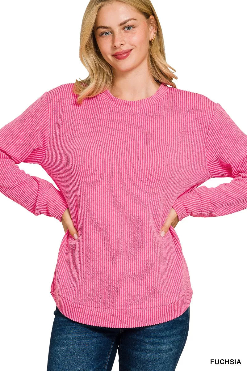 Full Size Raised Rib Round Neck Long Sleeve Top Plus Size