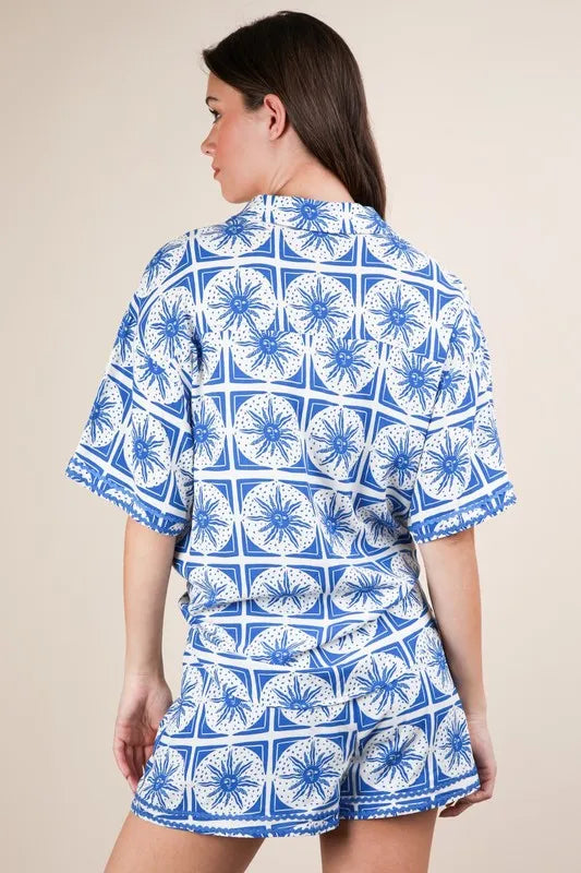 VERY J Full Size Tropical Printed Shirt Top and Shorts Set Plus Size