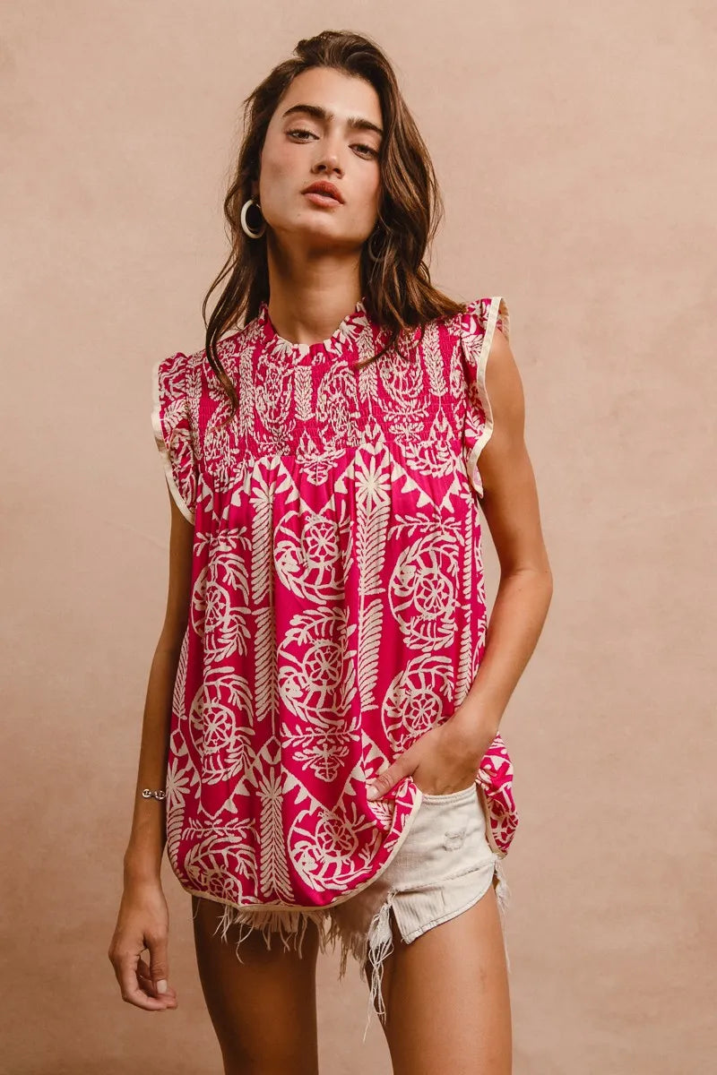 BiBi Printed Ruffle Sleeve Top