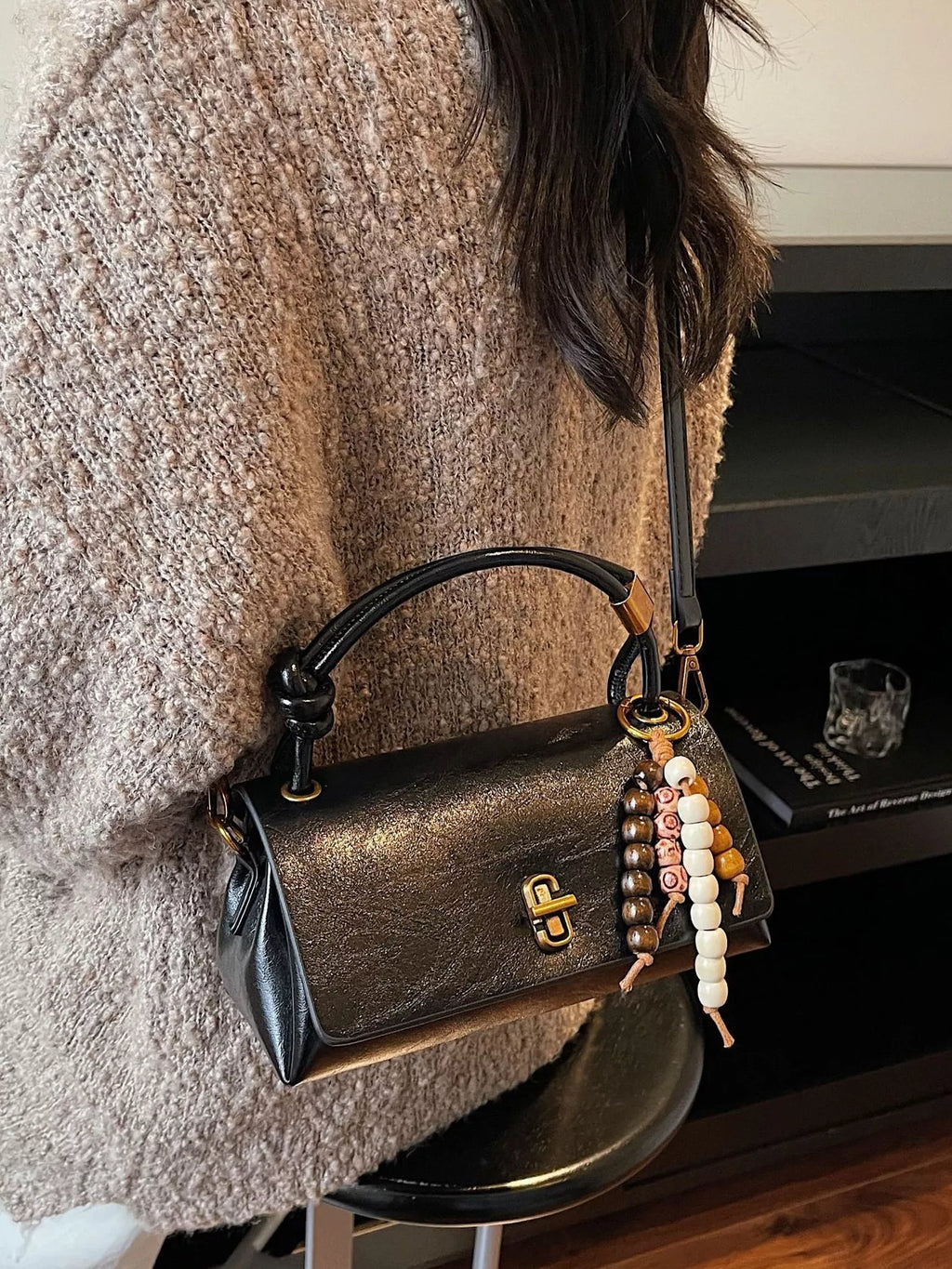 Leather Crossbody Bag with Bead Charm