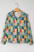 Sky Blue Floral Collared V Neck Roll up Sleeve Shift Blouse