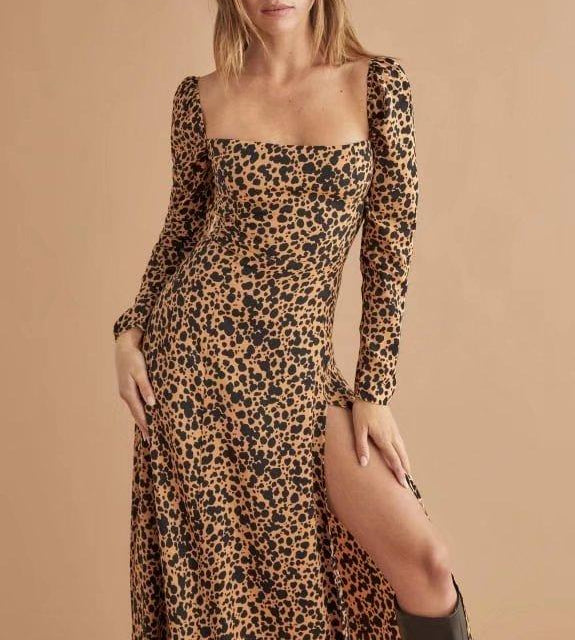 French Girl Summer Retro Square Collar Slimming Waist-Tight Side Slit Floral Holiday Dress
