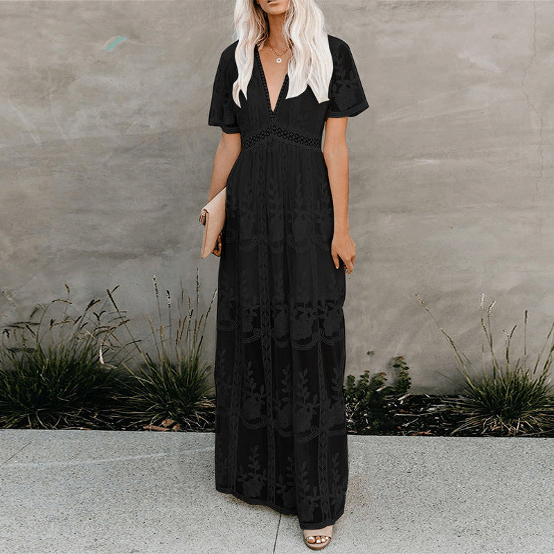 Sexy V-neck High Waist Embroidered Lace Maxi Dress Real Shot