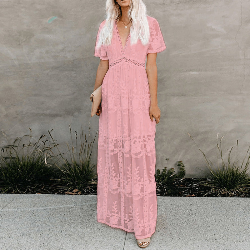 Sexy V-neck High Waist Embroidered Lace Maxi Dress Real Shot
