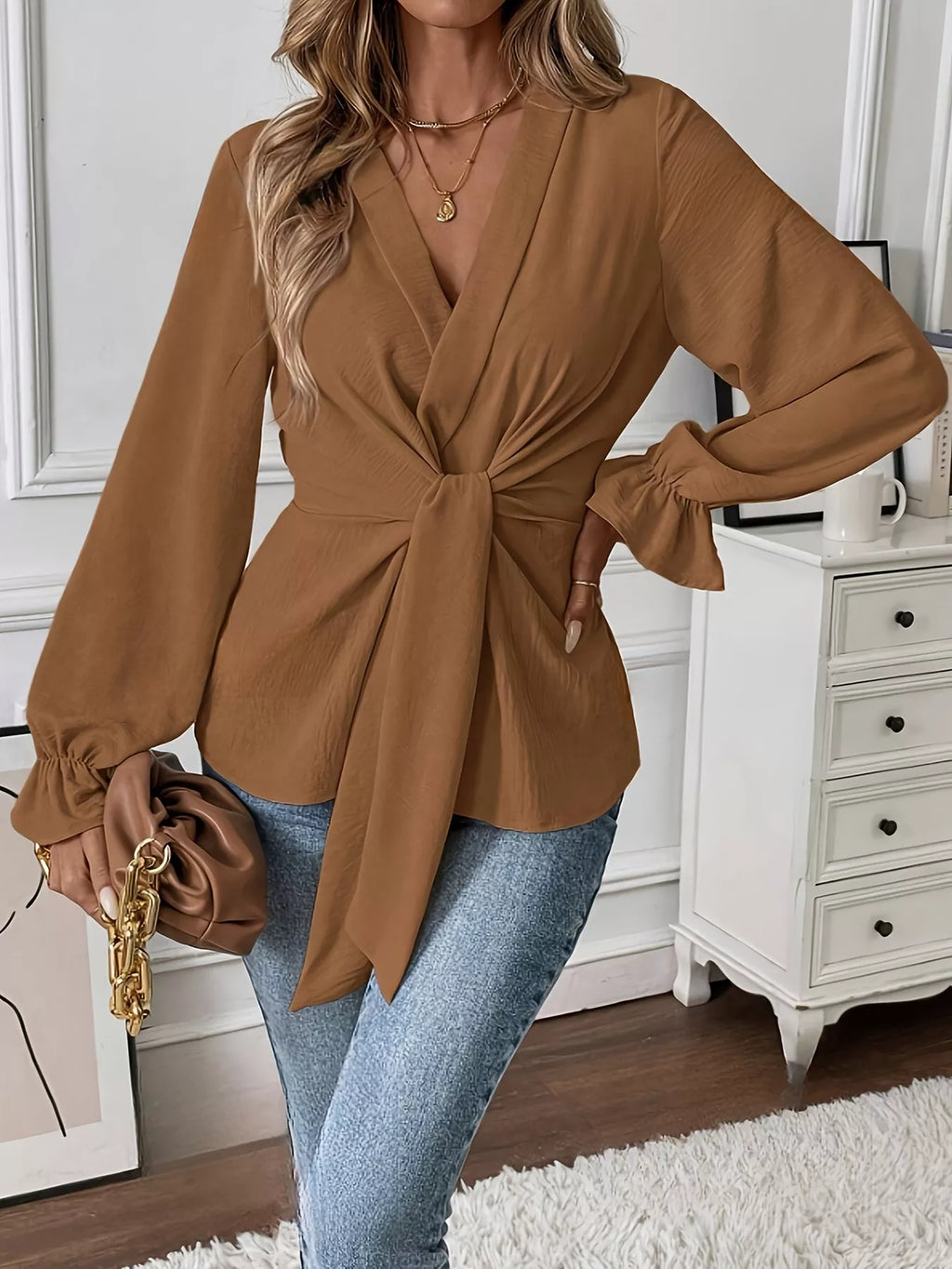 Knot Front Flounce Sleeve Blouse