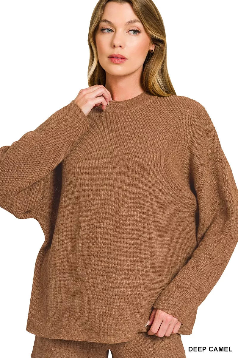 Zenana Round Neck Knit Top and Shorts Sweater Set