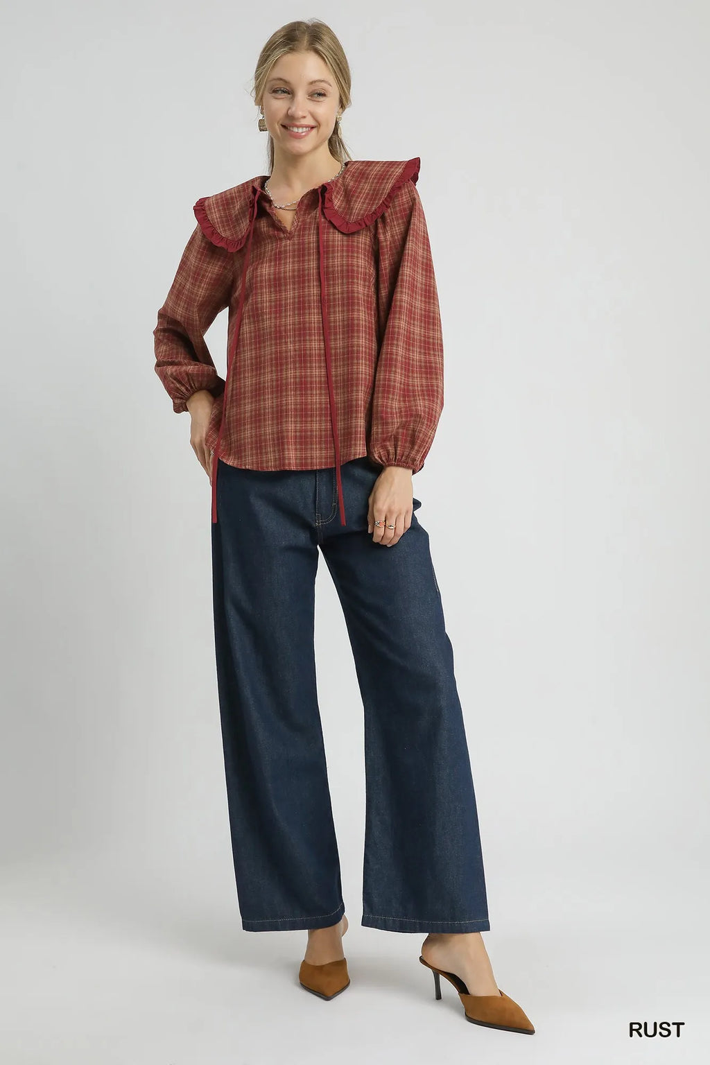 Umgee Full Size Plaid Ruffle Collar Blouse Plus Size