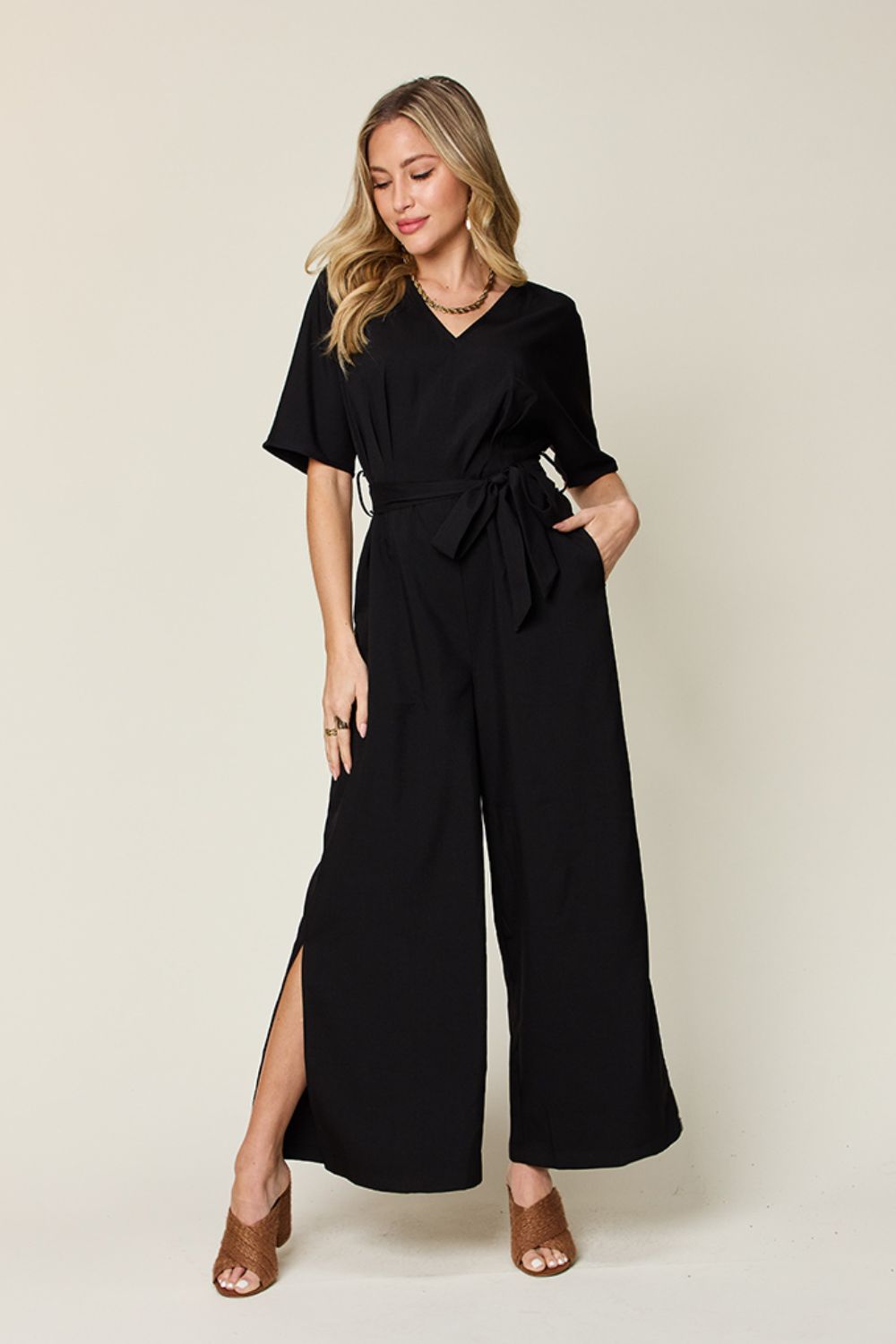 Slit Tie-Front V-Neck Jumpsuit with Short Sleeves