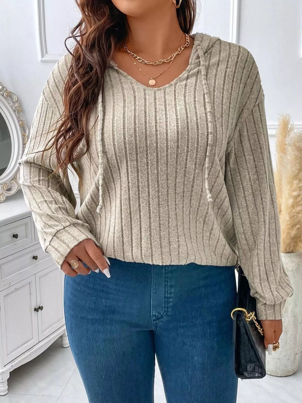 Ribbed Knit Drawstring Hooded T-Shirt