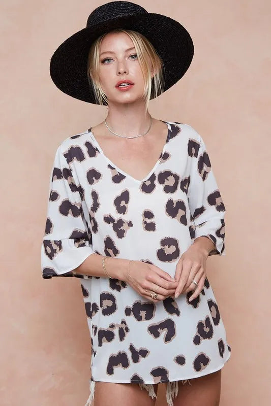 Leopard Printed V Neck Woven Top with Ruffled