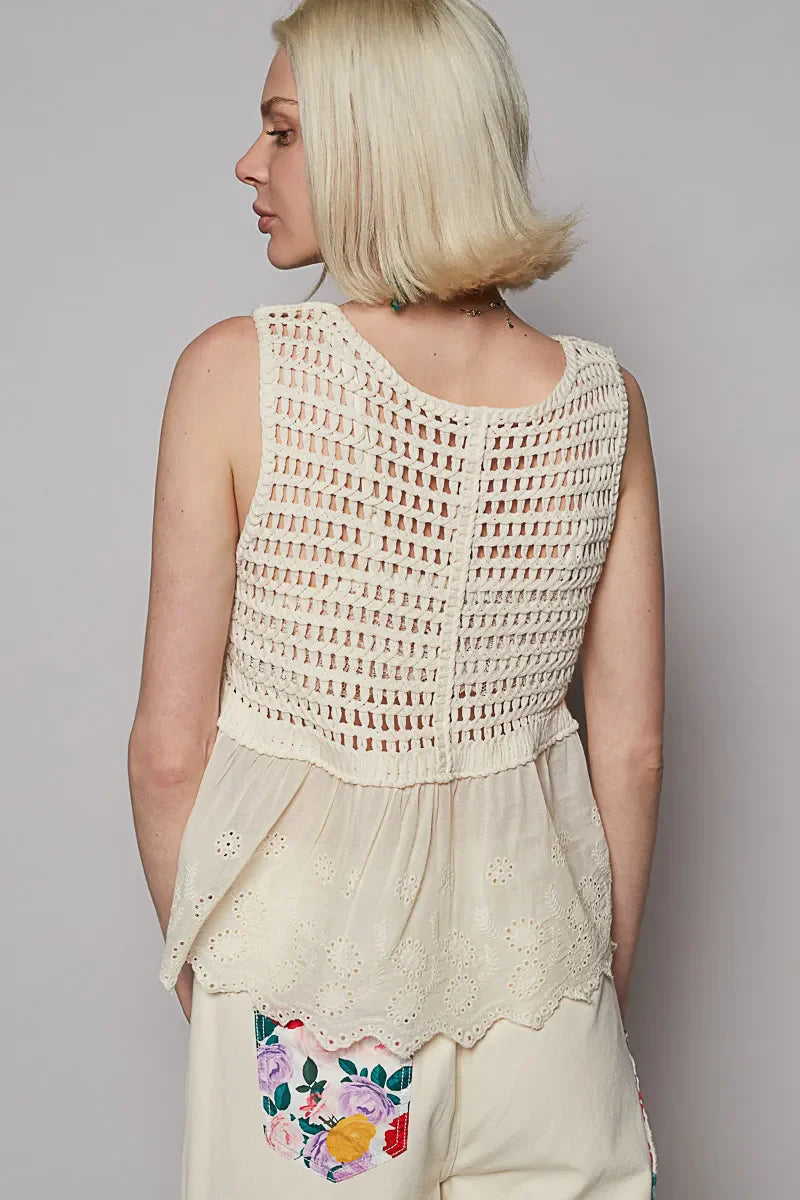 POL Embroidered Detail V-Neck Eyelet Peplum Tank