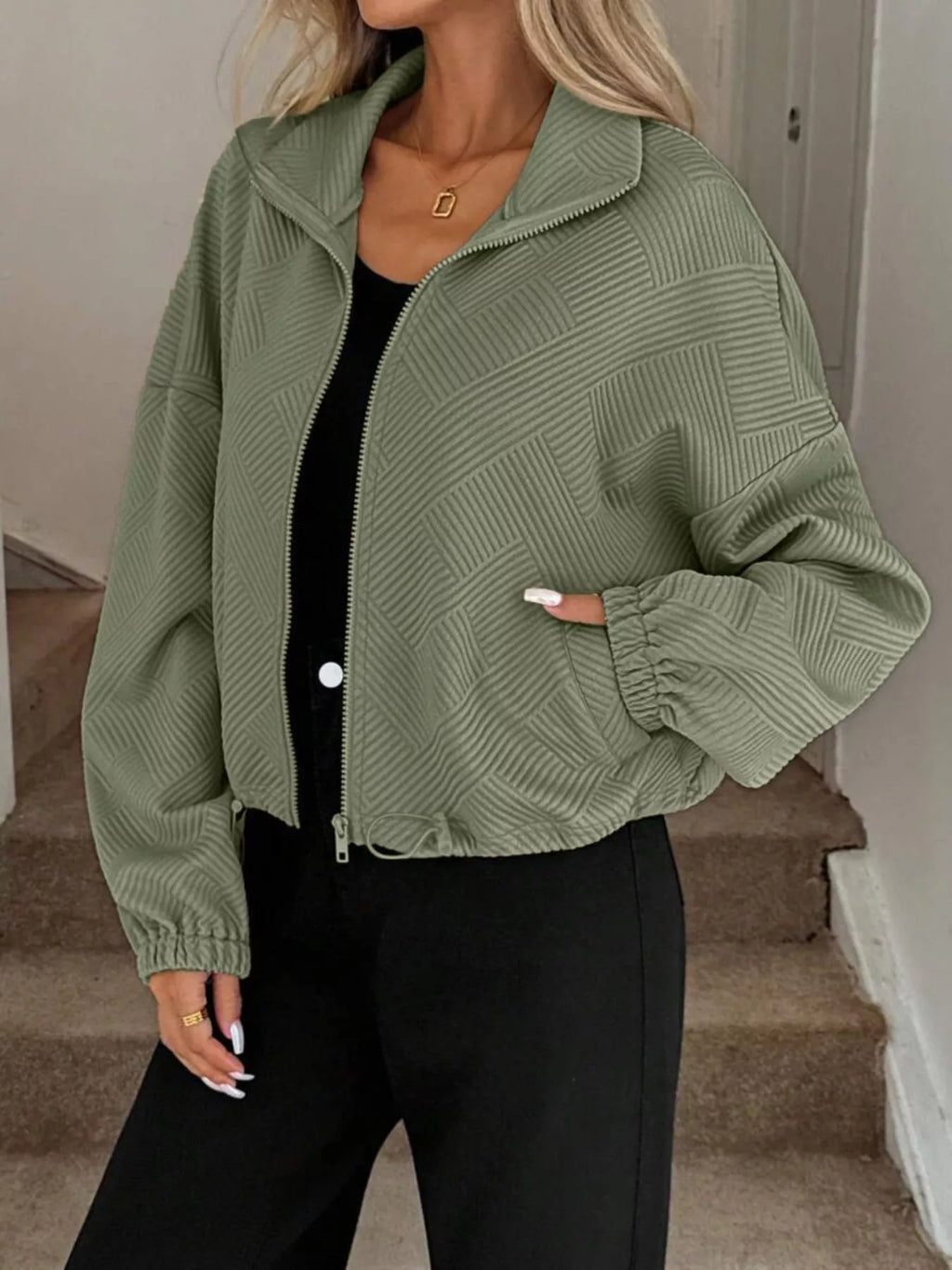Textured Zip-Up Drawstring Hem Jacket