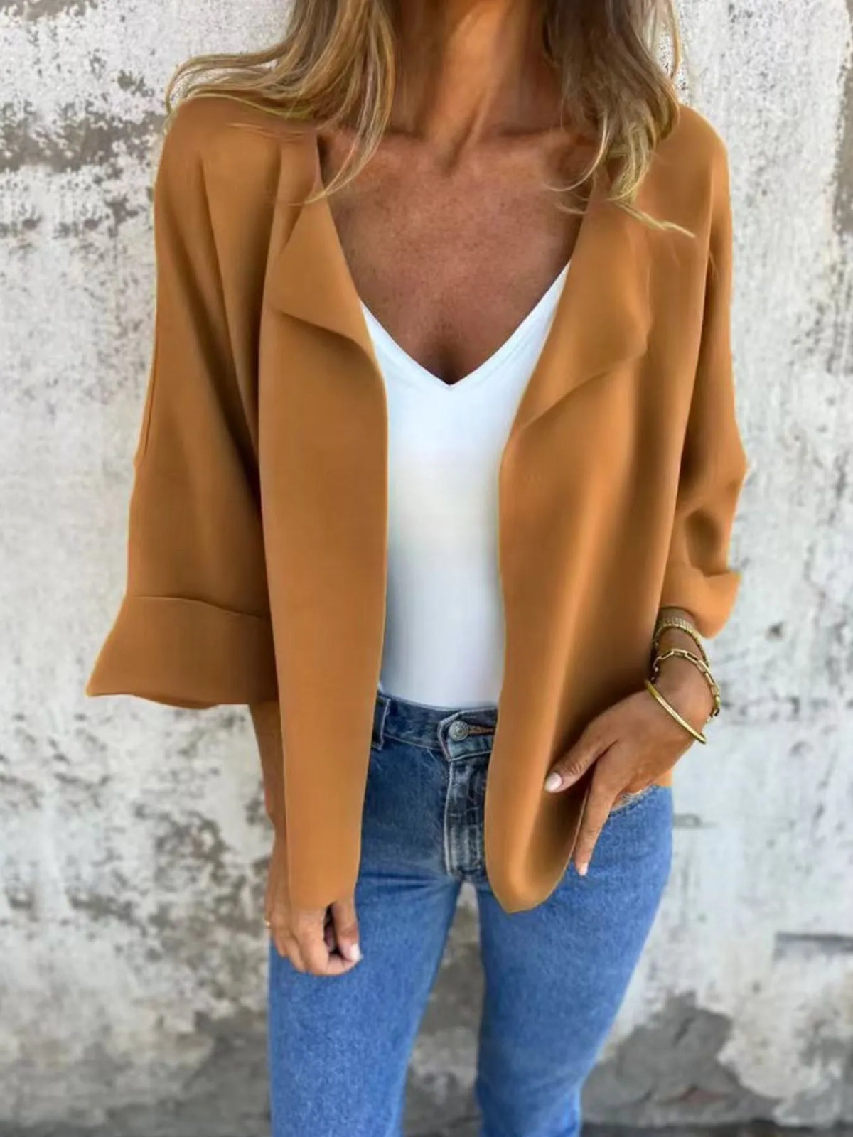 Full Size Open Front 3/4 Sleeve Cardigan Plus Size