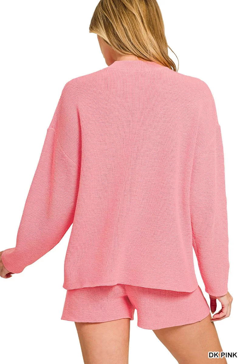 Zenana Round Neck Knit Top and Shorts Sweater Set