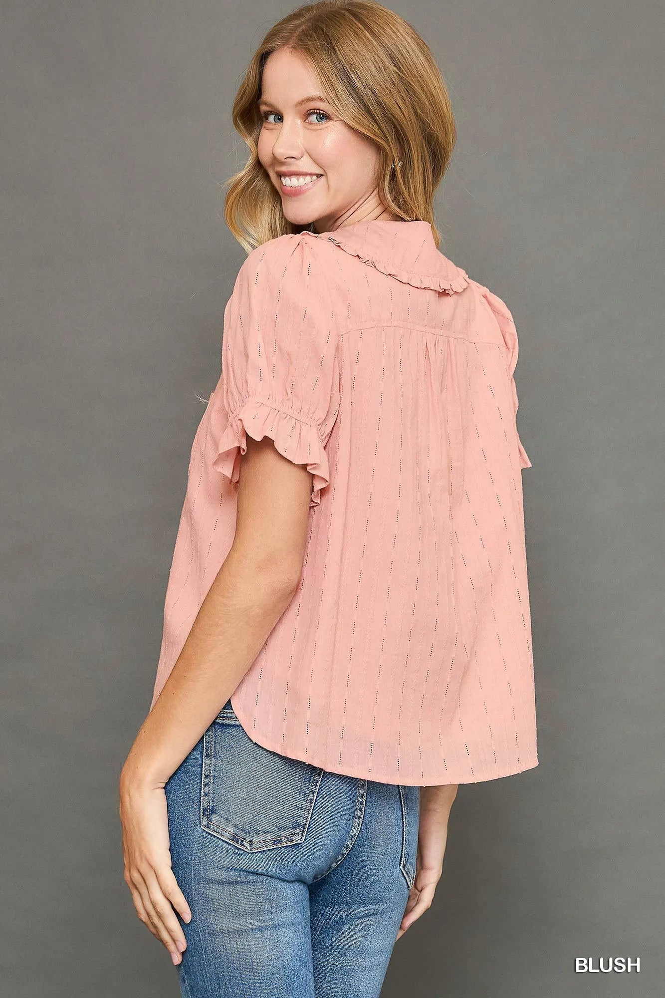 Peter Pan Collared Button Down Textured Shirt with Ruffled Detail