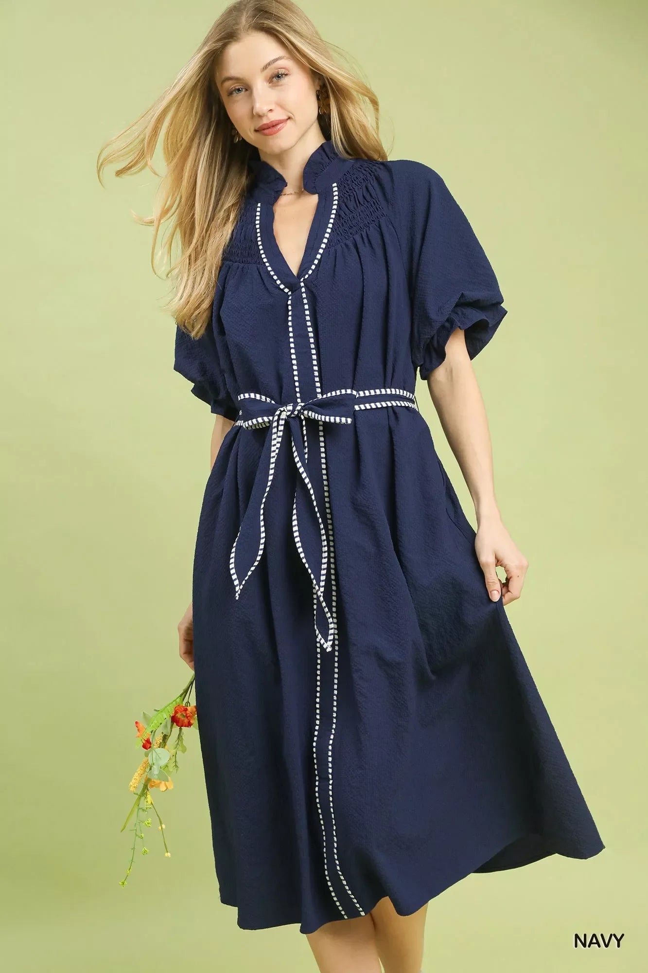 Umgee Ruffle Collar Midi Dress with Stripe Trim