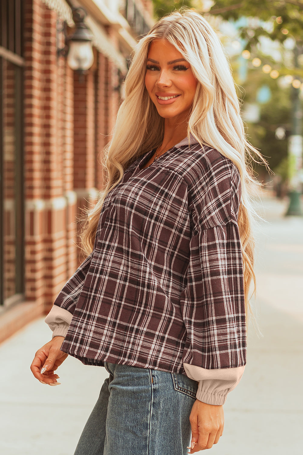 Brown Plaid Patchwork Long Sleeve Button Hooded Blouse