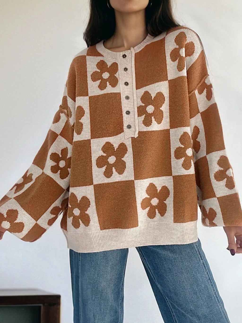 Flower Plaid Henley Baggy Sweater