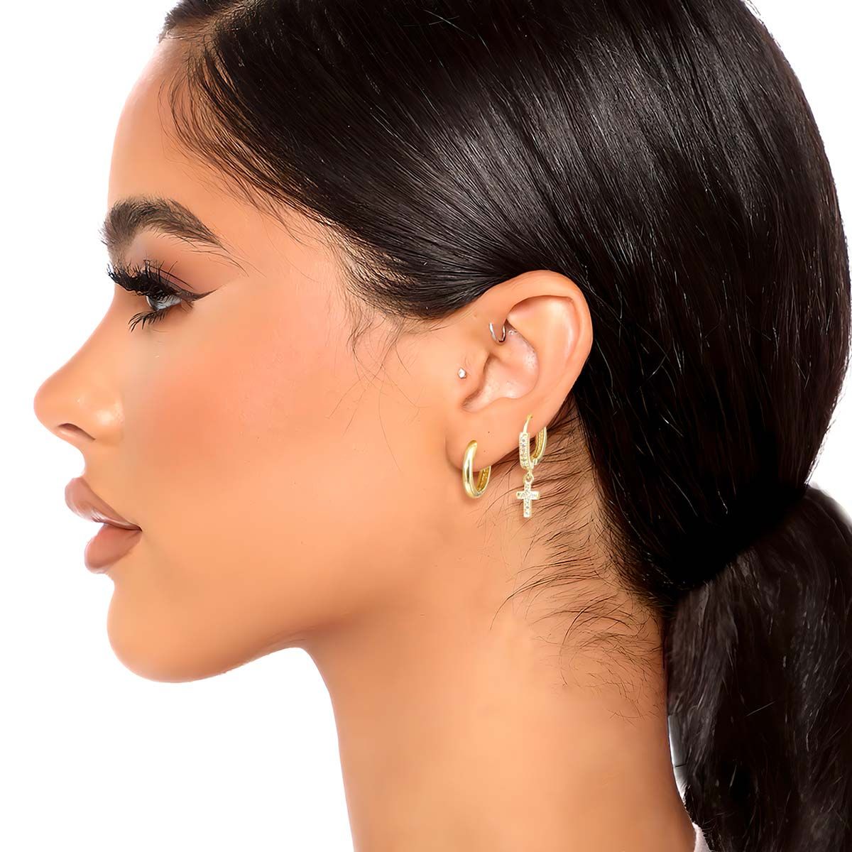 Huggie Hoop Earrings Set with CZ Pave Cross Ear Cuff – Trendy Stylish Jewelry