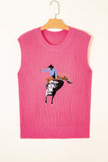 Bright Pink Western Cowboy Embroidery Round Neck Sleeveless Sweater