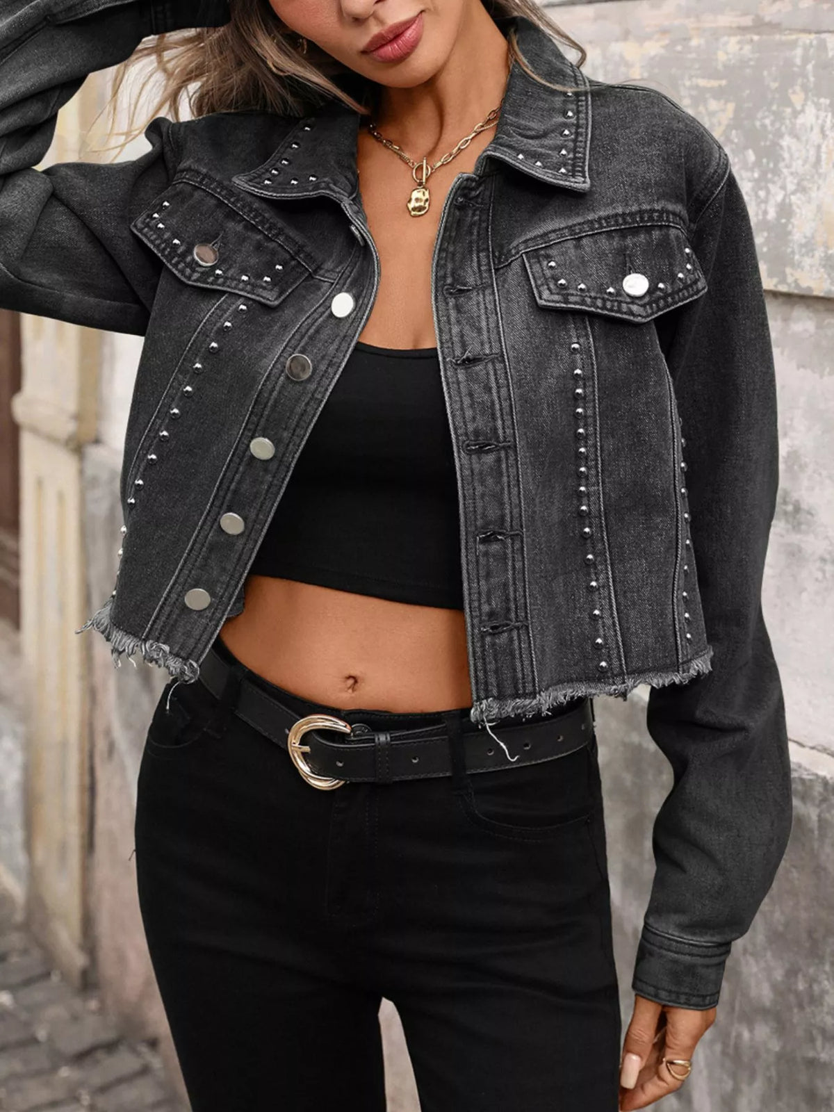 Studded Raw Hem Denim Jacket