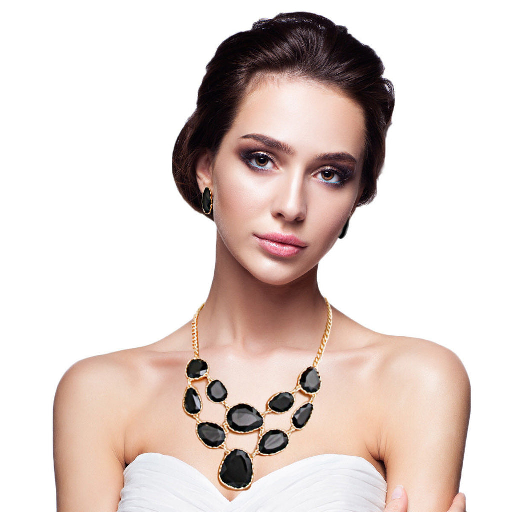 Statement Necklace Black Short Irregular Resin Teardrop Inset Stylish Chic