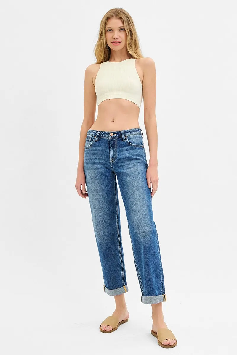 RISEN Full Size Mid Rise Boyfriend Roll Up Jeans Plus Size