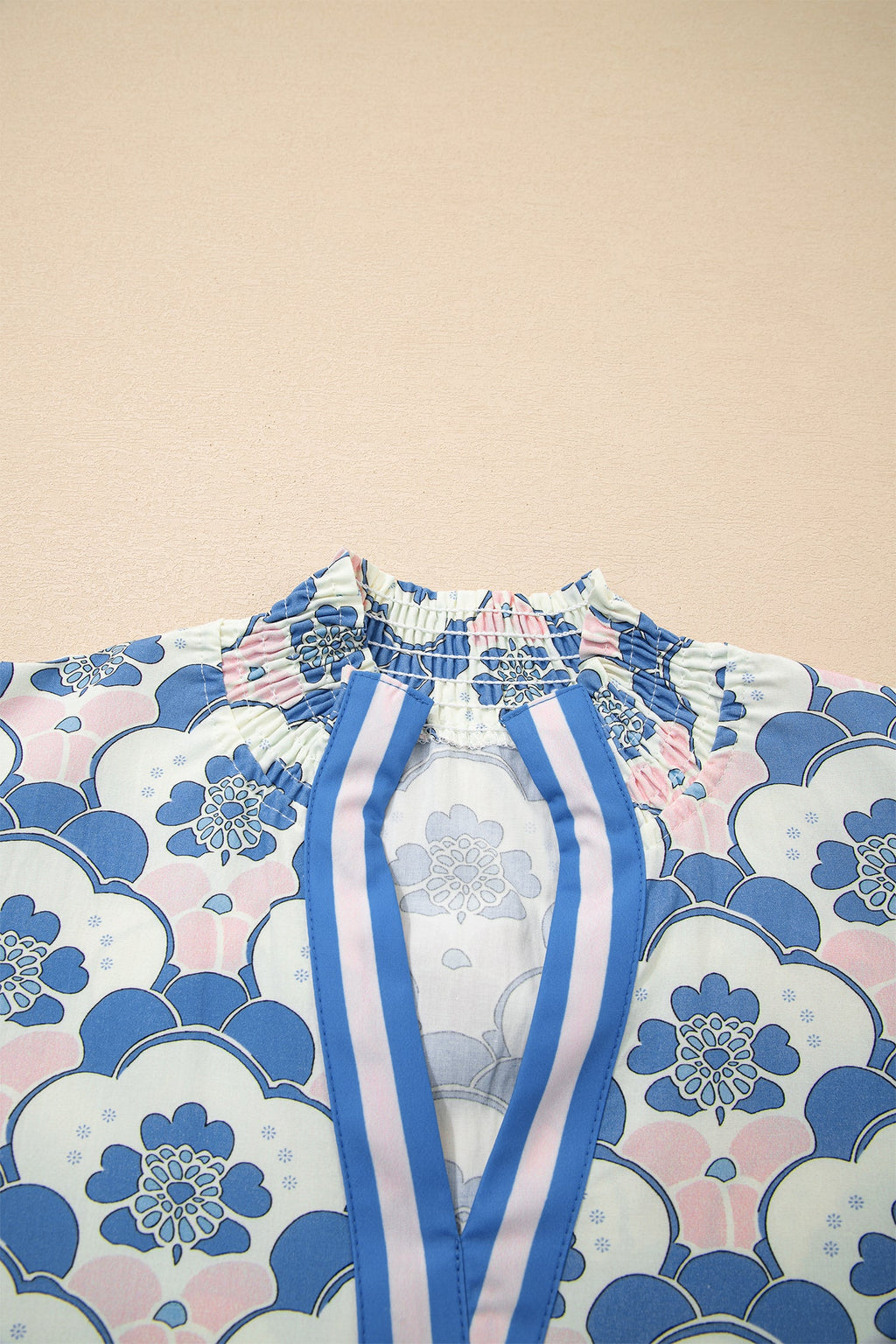 Sky Blue Floral Print Flounced Short Sleeve Contrast Trim V Neck Blouse