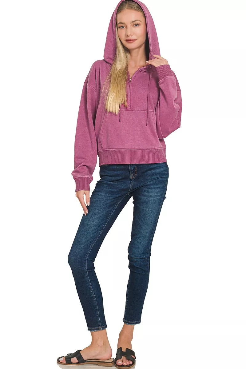 Zenana Fleece Pigment Dye Half Zip Kangaroo Pocket Hoodie
