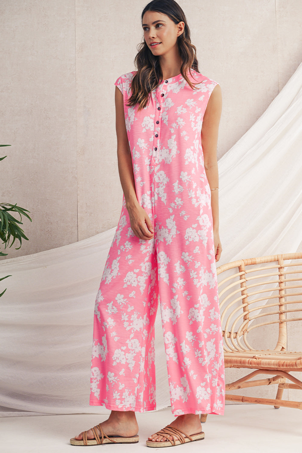Myosotis Floral Print Sleeveless Wide Leg Jumpsuit