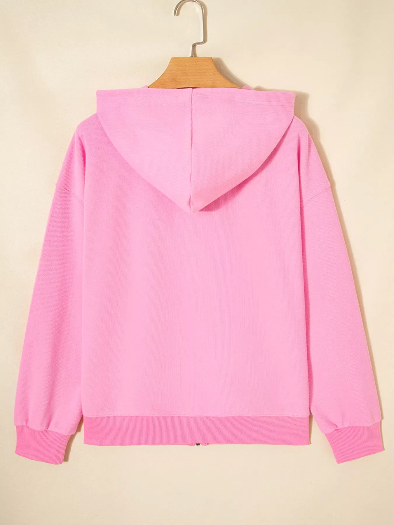 Solid Color Ribbed Zip Up Drawstring Hooded Jacket