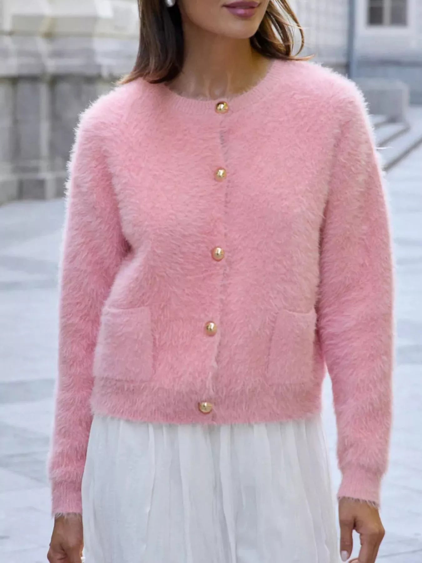 Fluffy Knit Button Up Cardigan