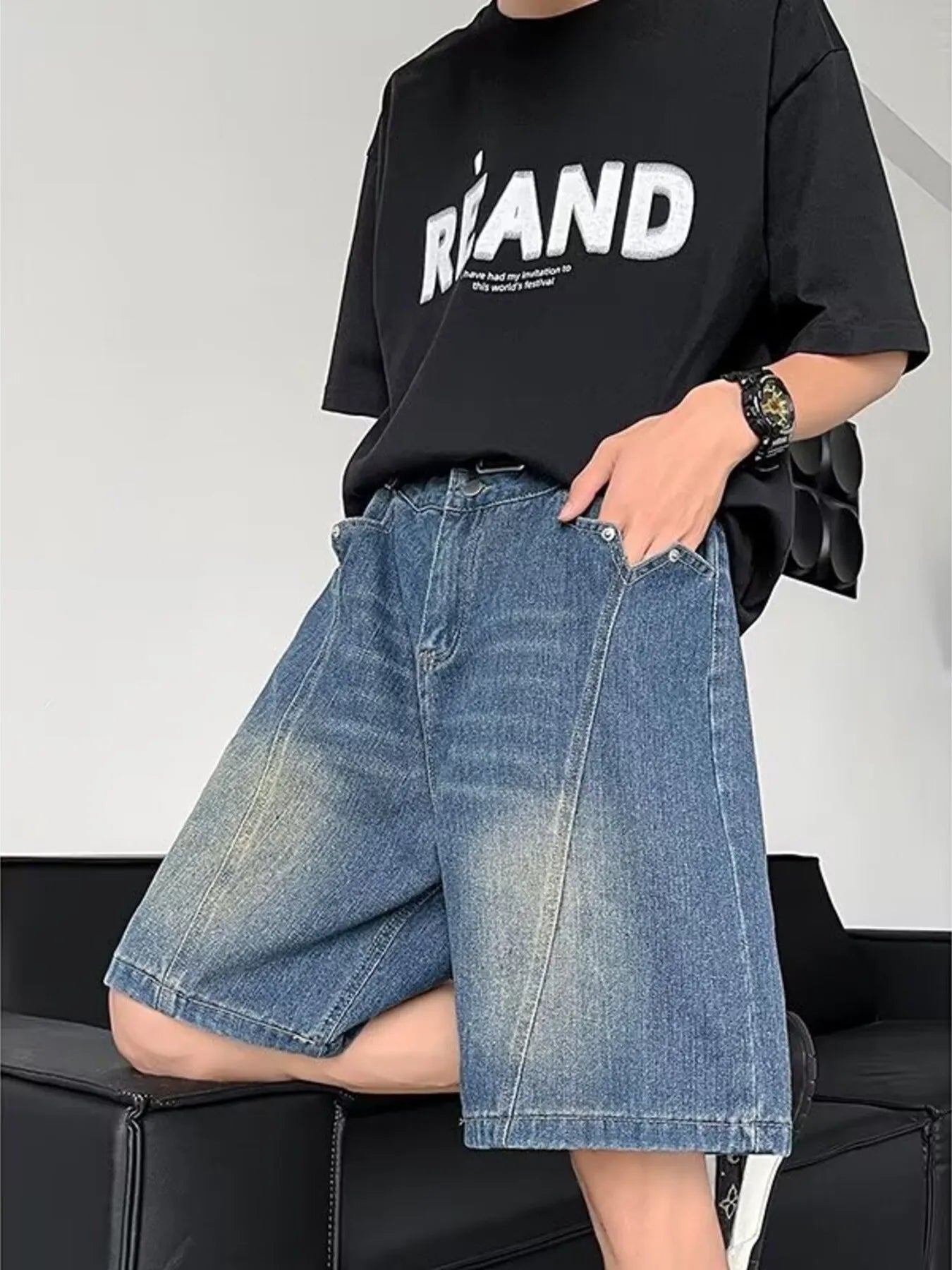 Men's Plus Size Vintage Wash Loose Fit Denim Shorts
