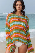 Openwork Round Neck Long Sleeve Knit Cover Up