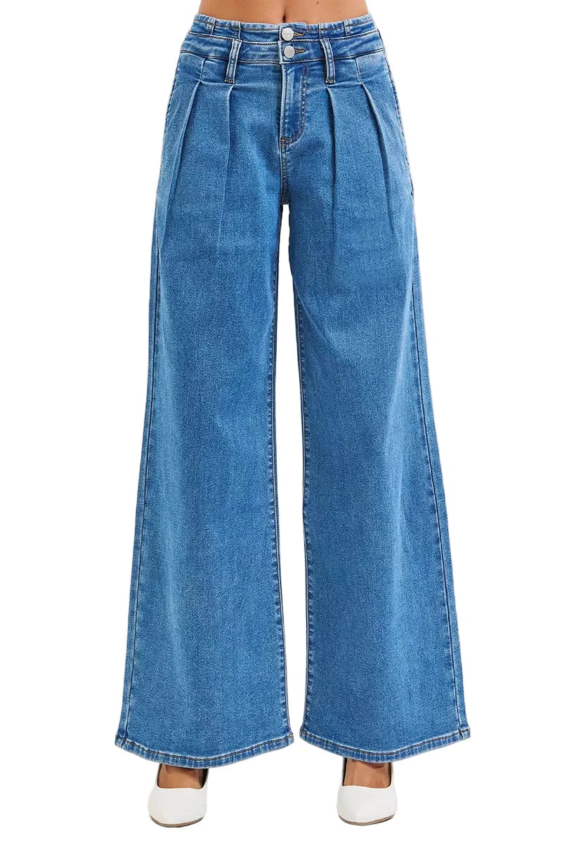 RISEN Full Size Mid Rise Fit Wide Leg with Pleated Detail Jeans Plus Size