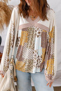 White Floral Printed Contrast Patchwork Long Sleeve Top
