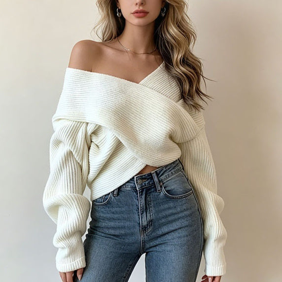 Loose-fitting Cropped Knitted Irregular Sweater For Women