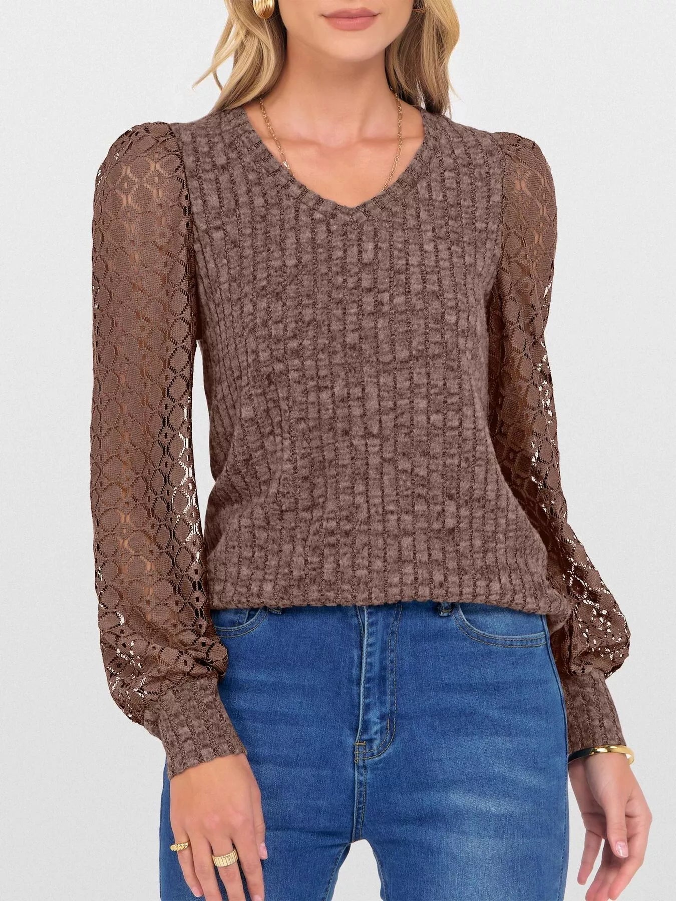Lace Sleeve V-Neck T-Shirt