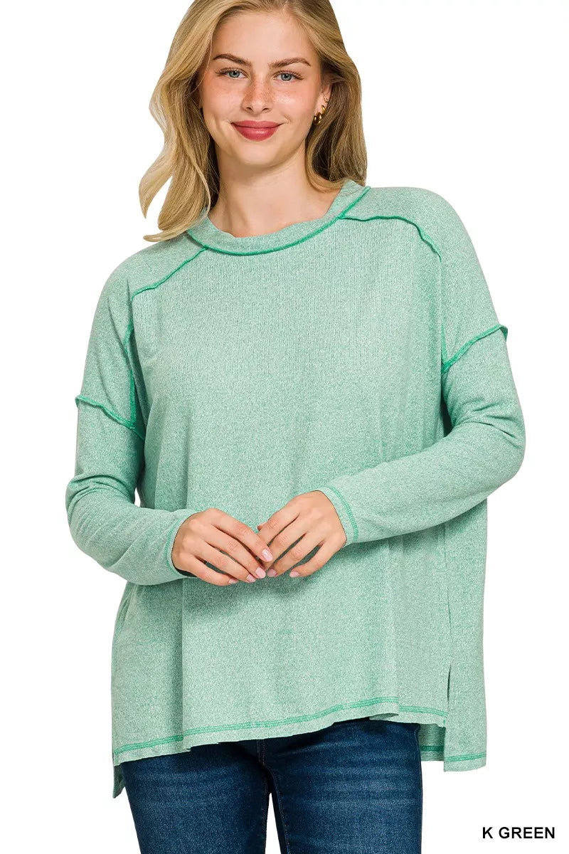 Full Size Melange Hacci Exposed Seam Hi-low Tee Plus Size