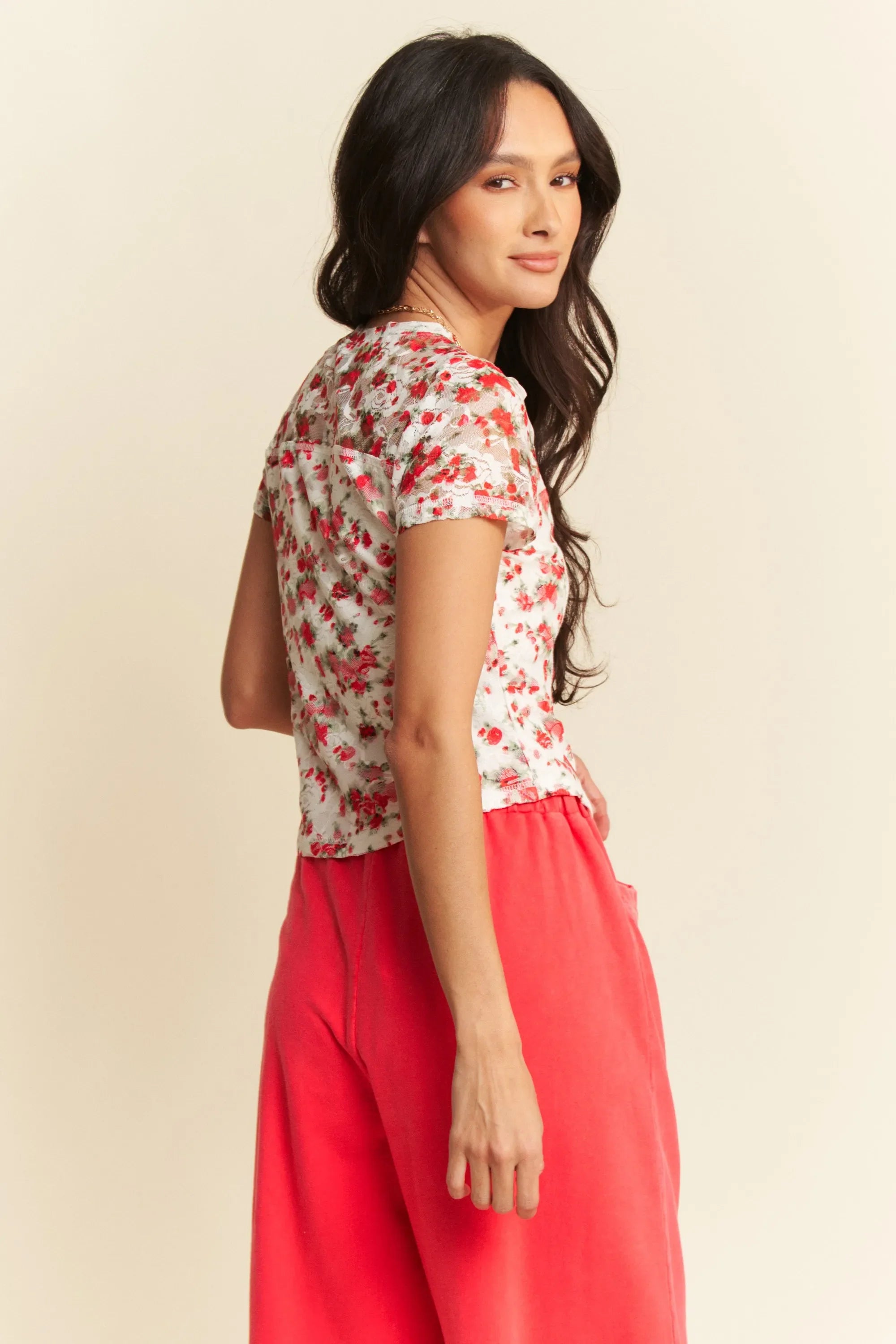Davi & Dani Ribbon Short Sleeve Layered Mesh Top