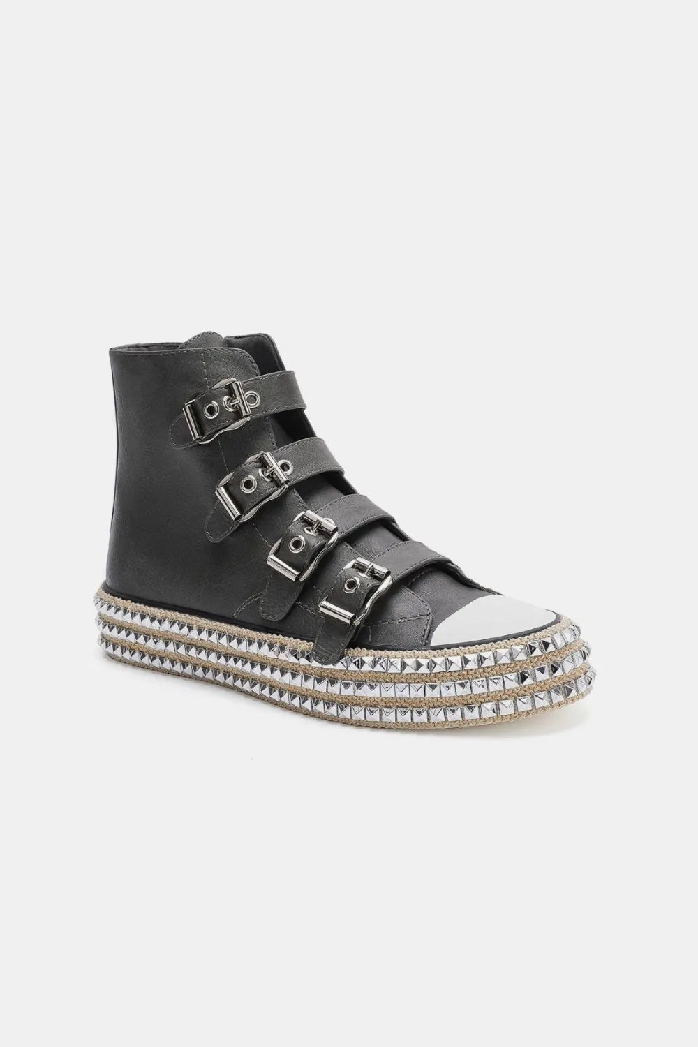 Fashion Multi-Buckle Straps Studded Platform Sneakers
