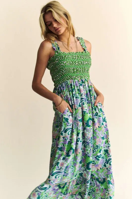 Davi & Dani Multi Smocked Bodice Geo Ruffle Strappy Midi Dress