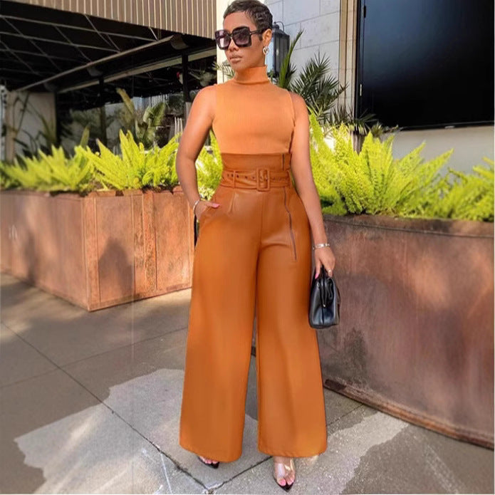 Women's High-Waist PU Leather Wide-Leg Pants
