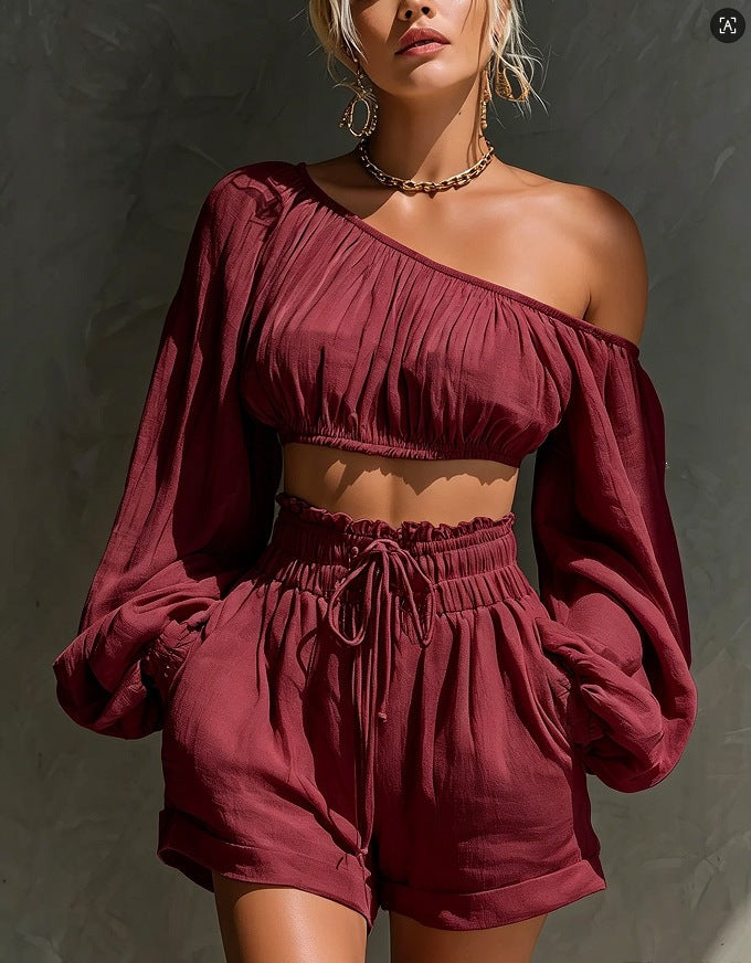 Women's One-Shoulder Ruched Crop Top & High-Waist Shorts Set also in Plus Sizes