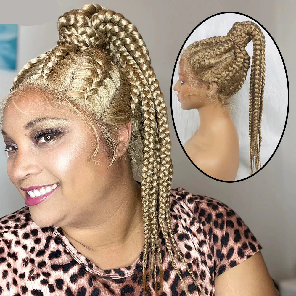 24" Box Braids 360 Lace Front Wig | Ponytail Style | Baby Hair | Synthetic African Braiding Hair