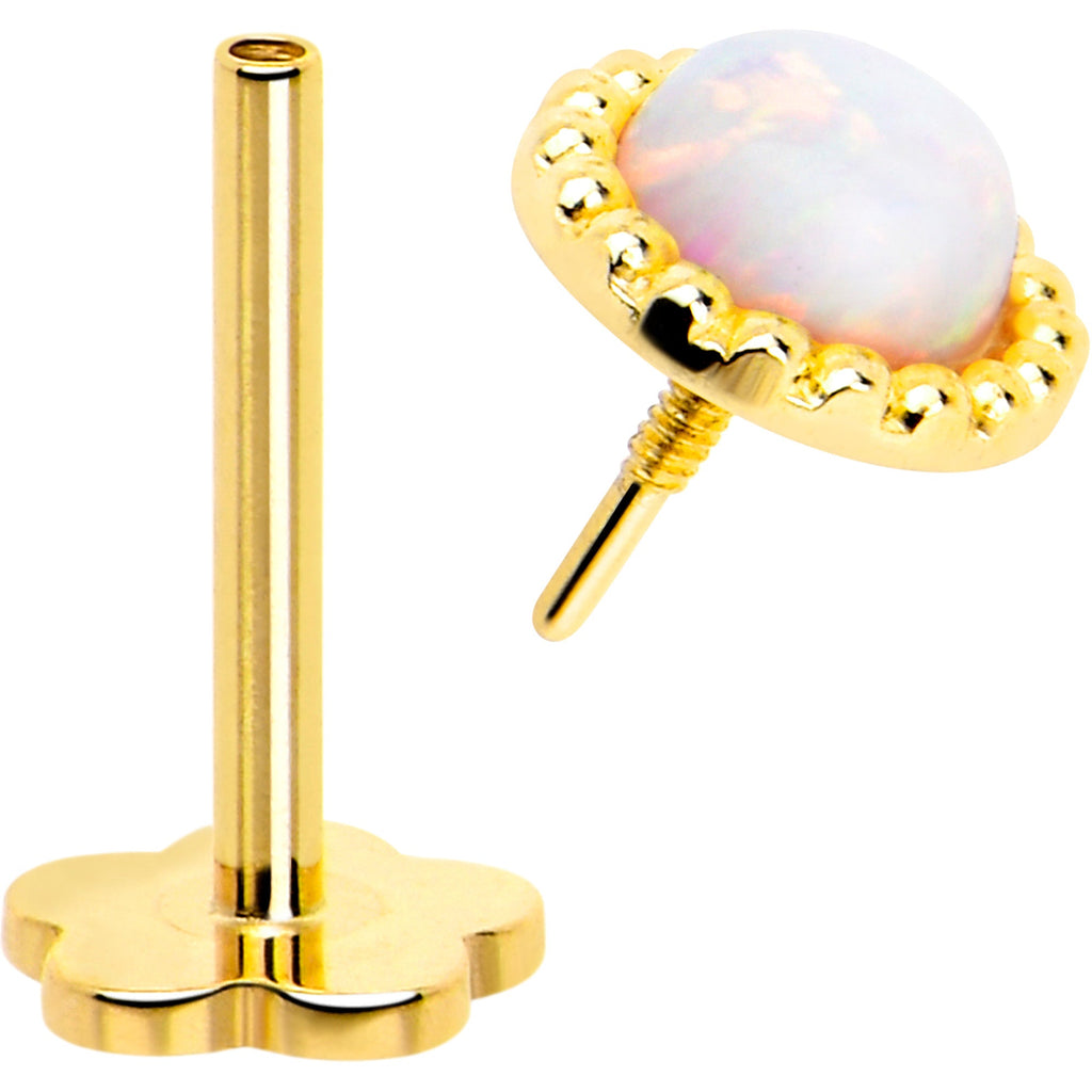 14k Yellow Gold Flat Back Earring 20G 3mm Synthetic Opal Floral Reversible