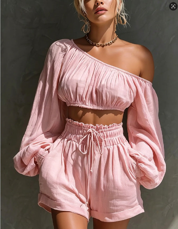 Women's One-Shoulder Ruched Crop Top & High-Waist Shorts Set also in Plus Sizes